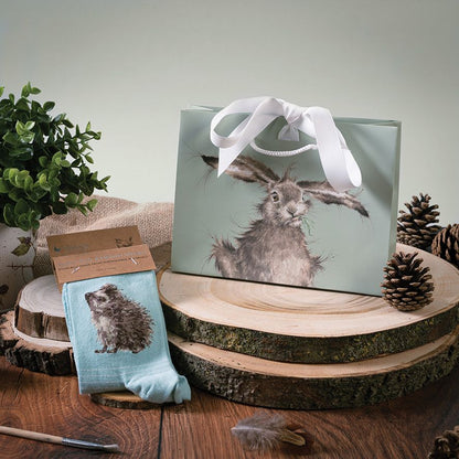 Gift bag with rabbit design and socks featuring hedgehog on wooden surface with plants