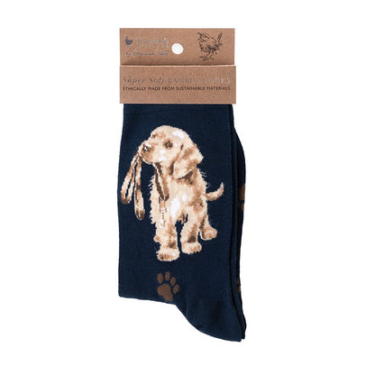 Navy blue sock with a puppy design and packaging label on a white background