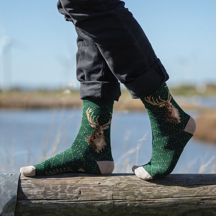 Person wearing green socks with deer design standing on a wooden dock by a body of water.