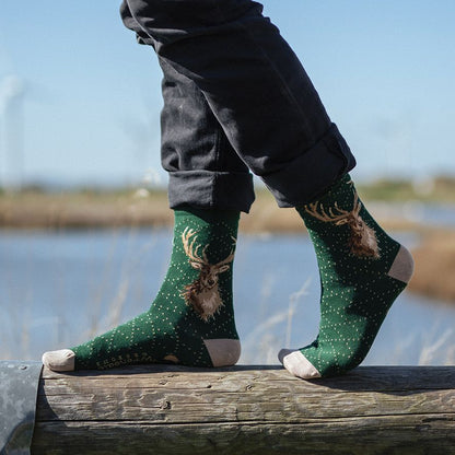 Person wearing green socks with deer design standing on a wooden dock by a body of water.