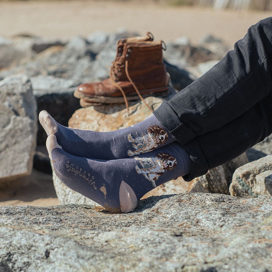 Person wearing patterned socks with boots in the background on a rocky surface