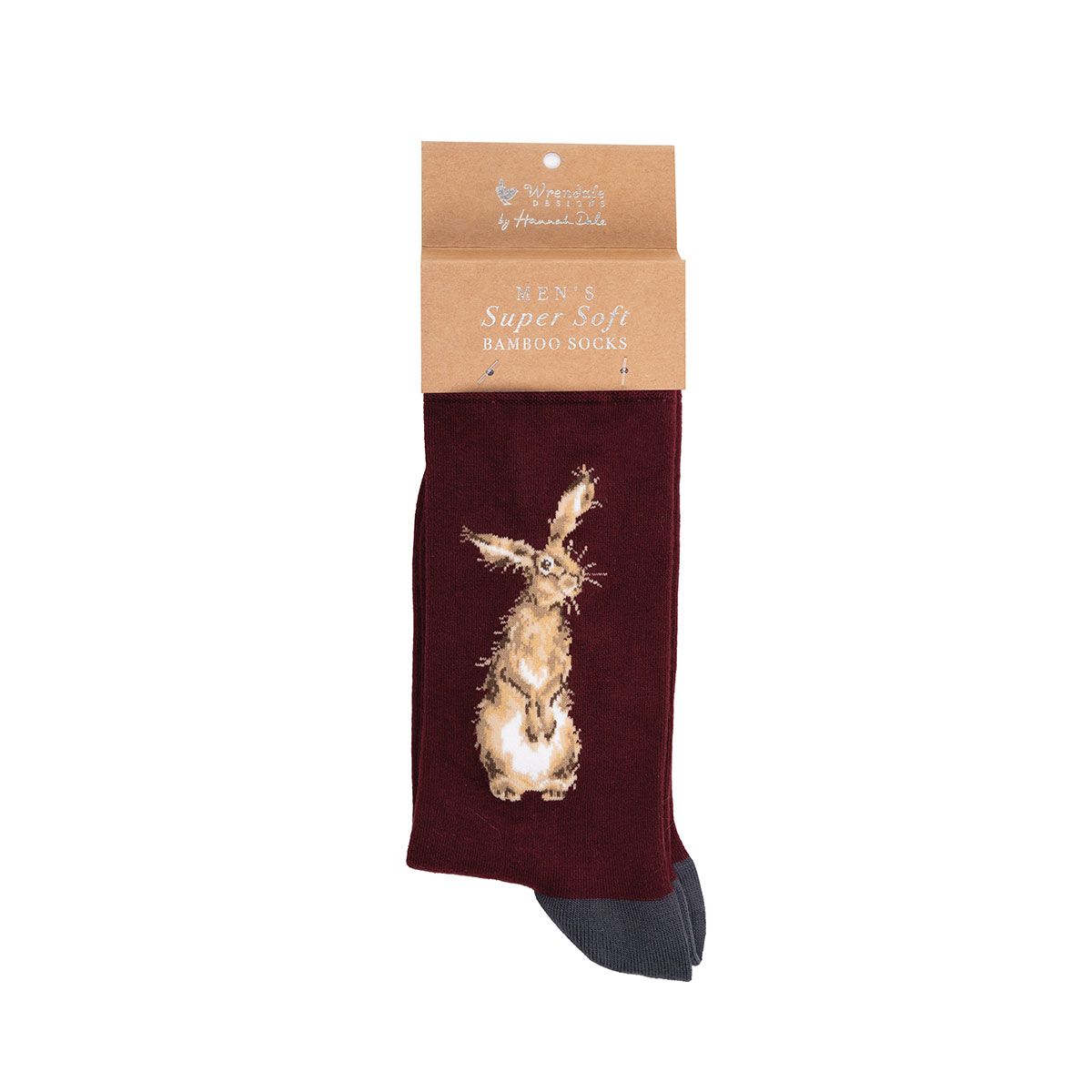 Maroon sock with a hare design and packaging above on a white background