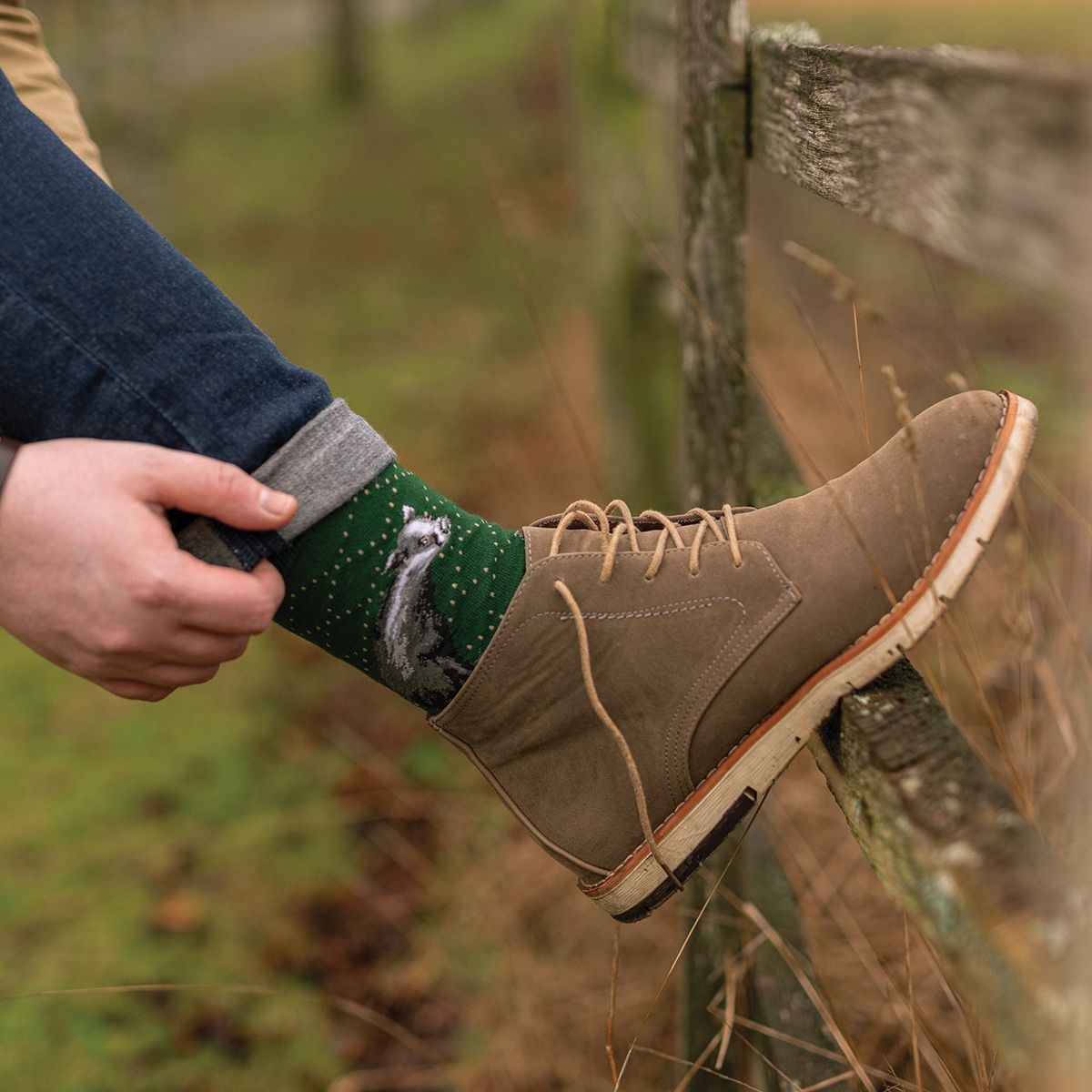 A person's foot wearing a brown suede lace-up boot and a green patterned sock with a gray animal design, resting on a weathered wooden fence outdoors.
