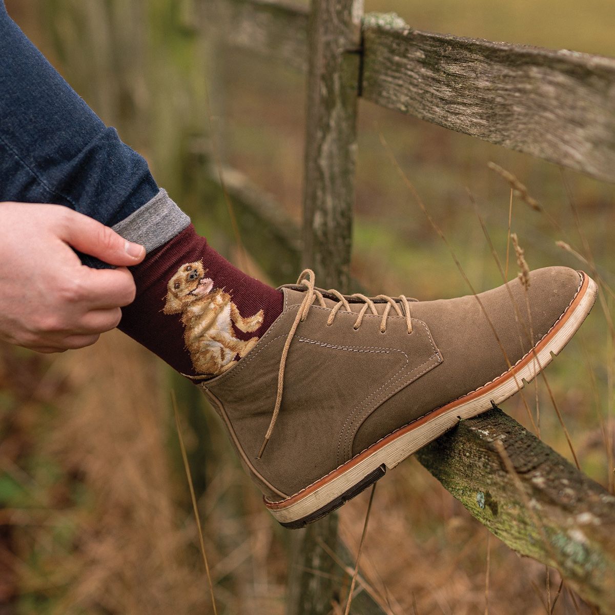 Person wearing a brown shoe with a sock featuring a dog design, standing on a wooden fence.