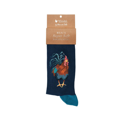 Navy sock with rooster design and packaging on a white background