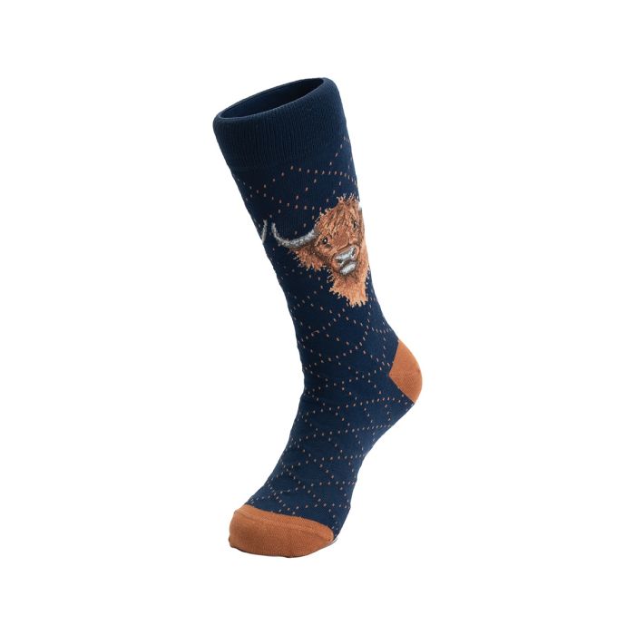 Navy sock with a highland cow design on a white background