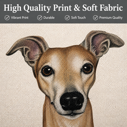 Close-up of a custom printed fabric featuring a  brown and tan greyhound whippet dog with large ears and dark eyes, on a textured beige fabric background. A dark grey banner at the top reads 'High Quality Print & Soft Fabric' with quality checkmarks.