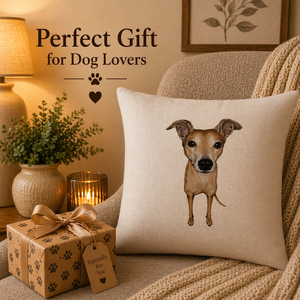 A beige cushion cover featuring a printed portrait of a light brown greyhound whippet dog, styled on a cosy armchair next to a wrapped gift box with paw prints and the text 'Perfect Gift for Dog Lovers'.
