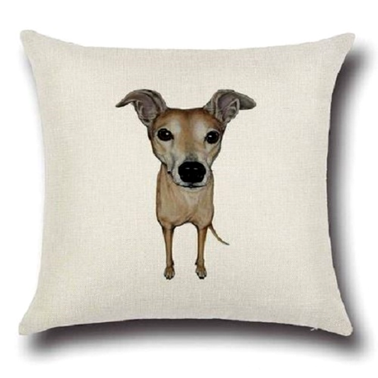 Pillow with a greyhound whippet dog illustration on a beige background