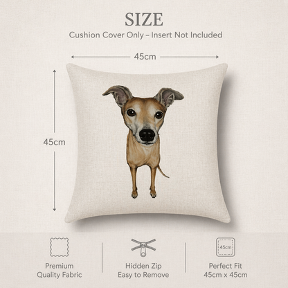 A square beige cushion cover featuring a watercolour-style illustration of a brown and white greyhound whippet dog, shown with size annotations indicating 45cm by 45cm dimensions. The image includes text stating 'SIZE Cushion Cover Only - Insert Not Included' and feature icons at the bottom for 'Premium Quality Fabric', 'Hidden Zip Easy to Remove', and 'Perfect Fit 45cm x 45cm'.