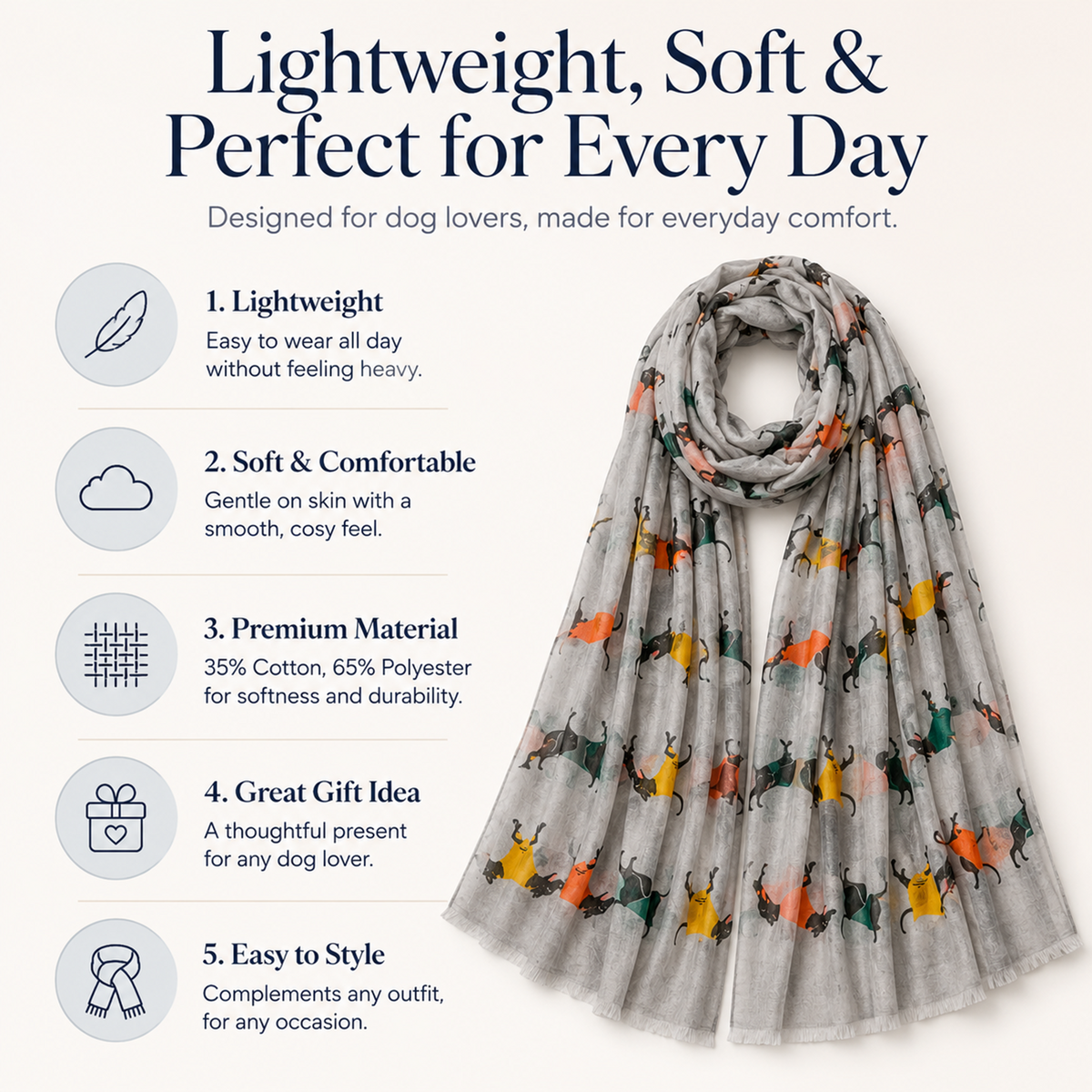 A lightweight dog scarf with a grey base and colourful greyhound dog prints, displayed on a clean off-white background with five feature callouts on the left.