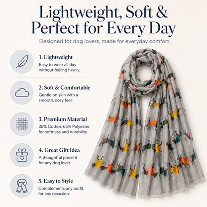 A lightweight dog scarf with a grey base and colourful greyhound dog prints, displayed on a clean off-white background with five feature callouts on the left.