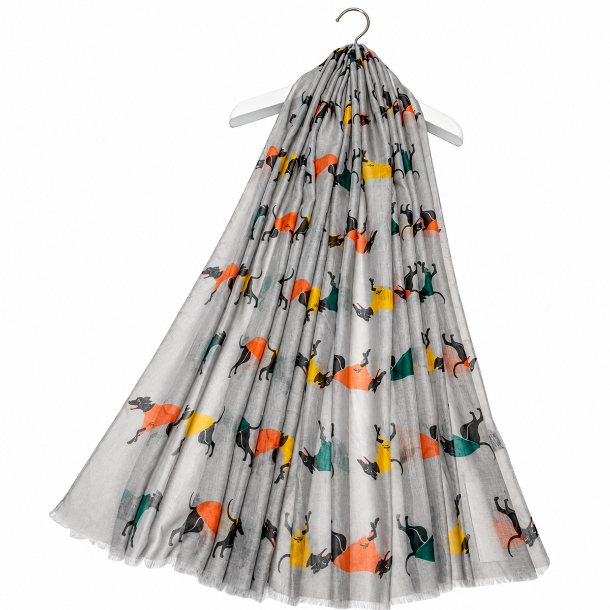Scarf with colourful greyhound dog pattern on a hanger against a white background