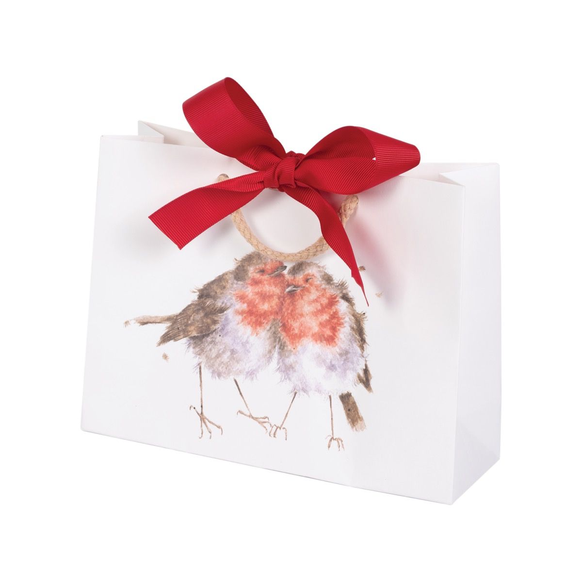 A white paper gift bag with a red satin bow and a watercolor robin bird illustration on the front, set against a plain white background.