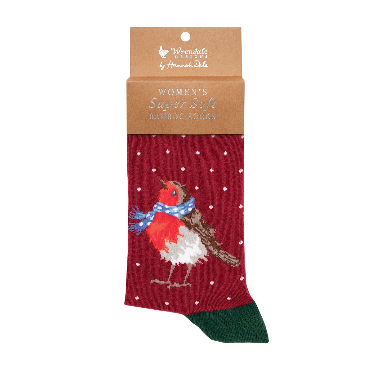 Wrendale Designs Season's Tweetings Women's sock with a robin design and packaging on a white background
