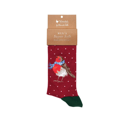 Red Wrendale Designs Season's Tweetings Men's Christmas holiday socks with a robin design and packaging on a white background